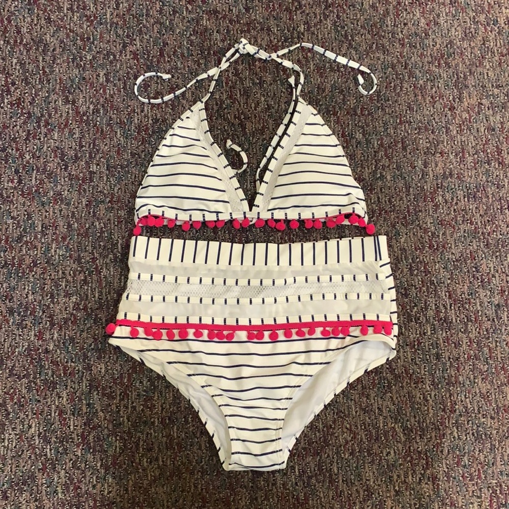 NWOT STIPE WHITE & BLUE WITH PINK POMPOMS BIKINI